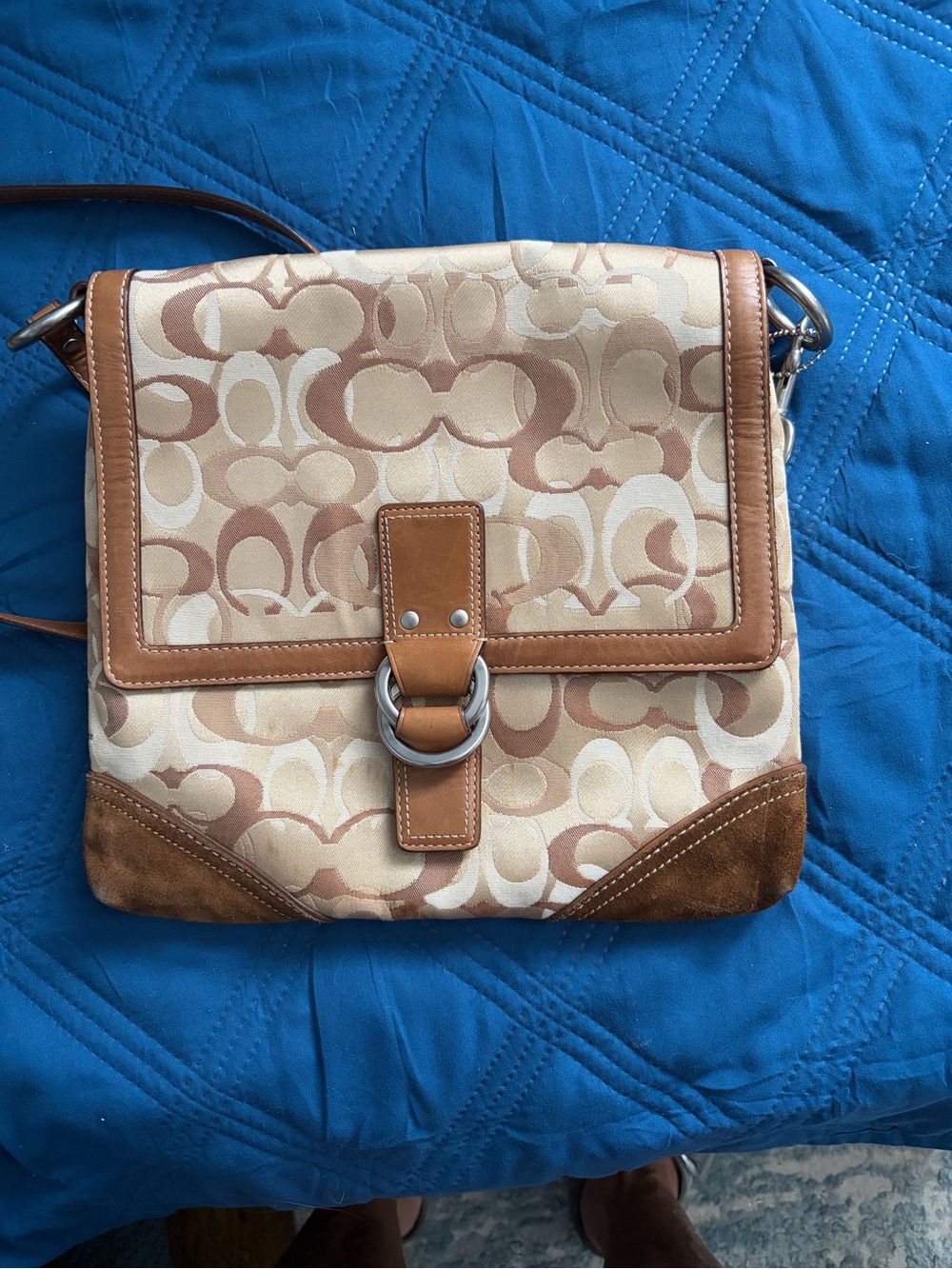 Canvas Crossbody Bag in Beige and Tan - Classic Monogram Style